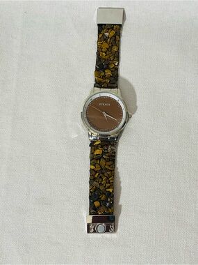 Strada Silver Case Watch with Brown Dial and Tiger Eye Bead Strap
